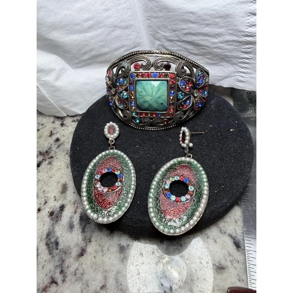 Vintage Statement‎ Cuff Bracelet & Earrings Multicolor Rhinestone Set